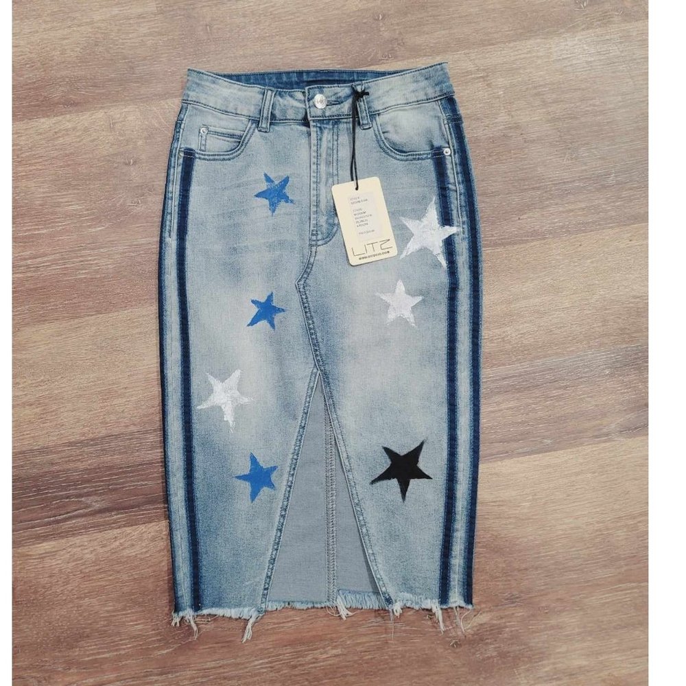 Skirt Stretch Denim Women's Midi Skirt with star details Five Pocket Style